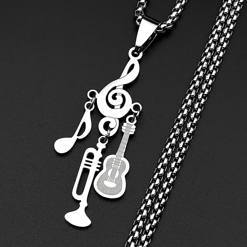 Treble Clef Pendant Necklace For Musicians Music Note Guitar Trumpet Charms Stainless Steel Chain Rock Hiphop Jewelry Gift