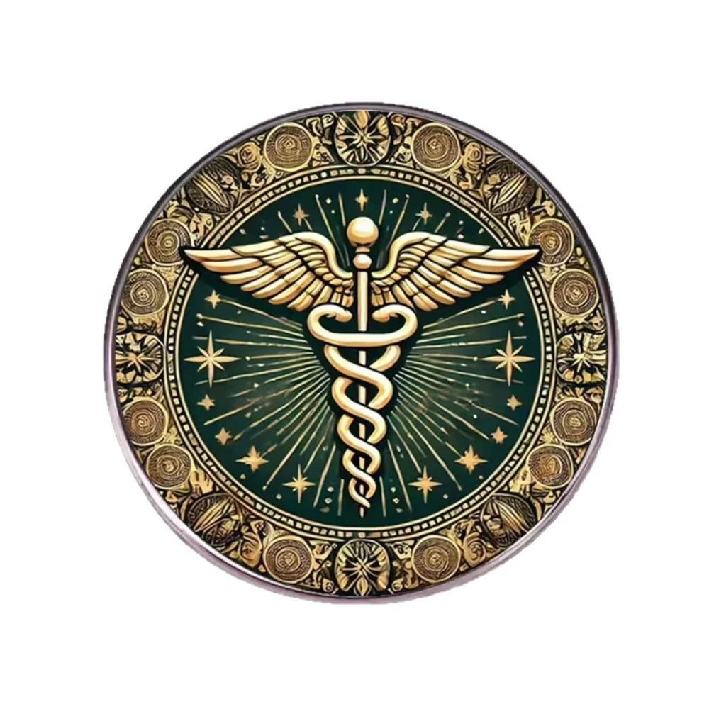 Double Snake Merchant God Staff Brooch Retro Mysterious Medical Symbol Stainless Steel Flat Badge Glass Texture Pin Accessory