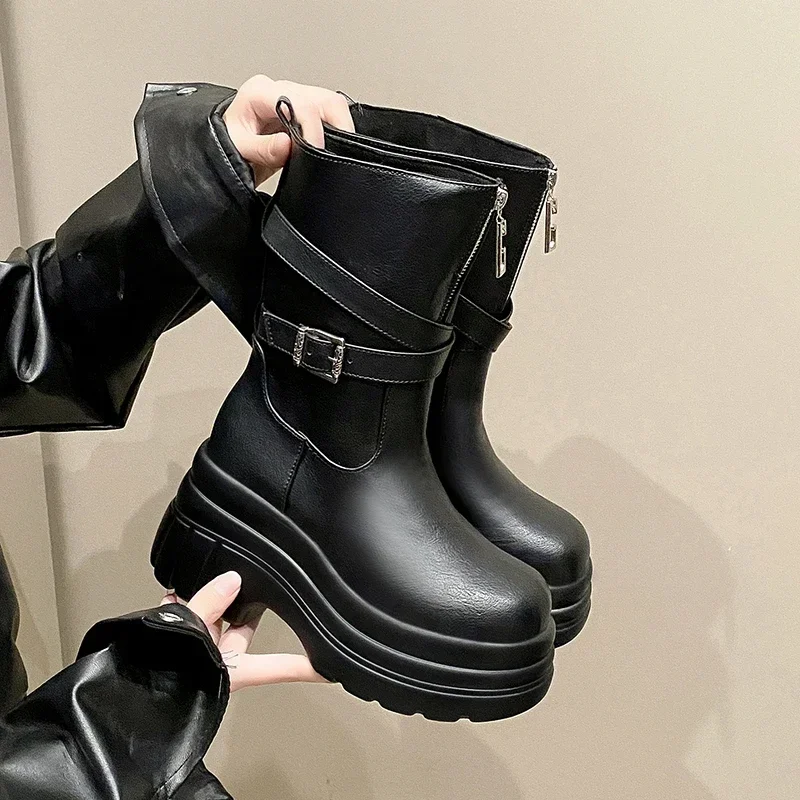 

Женские массивные ботинки на платформе 9 см, новинка 2024, осенние кожаные кроссовки до середины икры, трендовые зимние коричневые мотоциклетные ботинки Zapatos