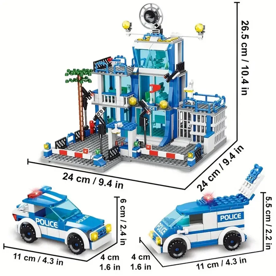 New 826pcs The blue police building, City Police, a city scene with two police cars and accessories Boy and girl birthday gifts