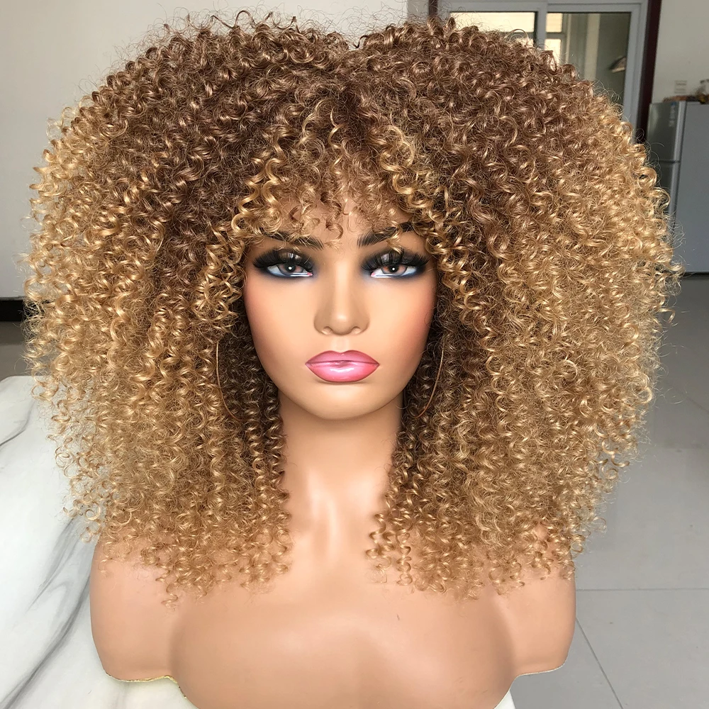 Curly Afro Wigs for Black Women Long Curly Wigs With Bangs Synthetic Fiber Glueless Full and Fluffy Long Kinky Curly Hair