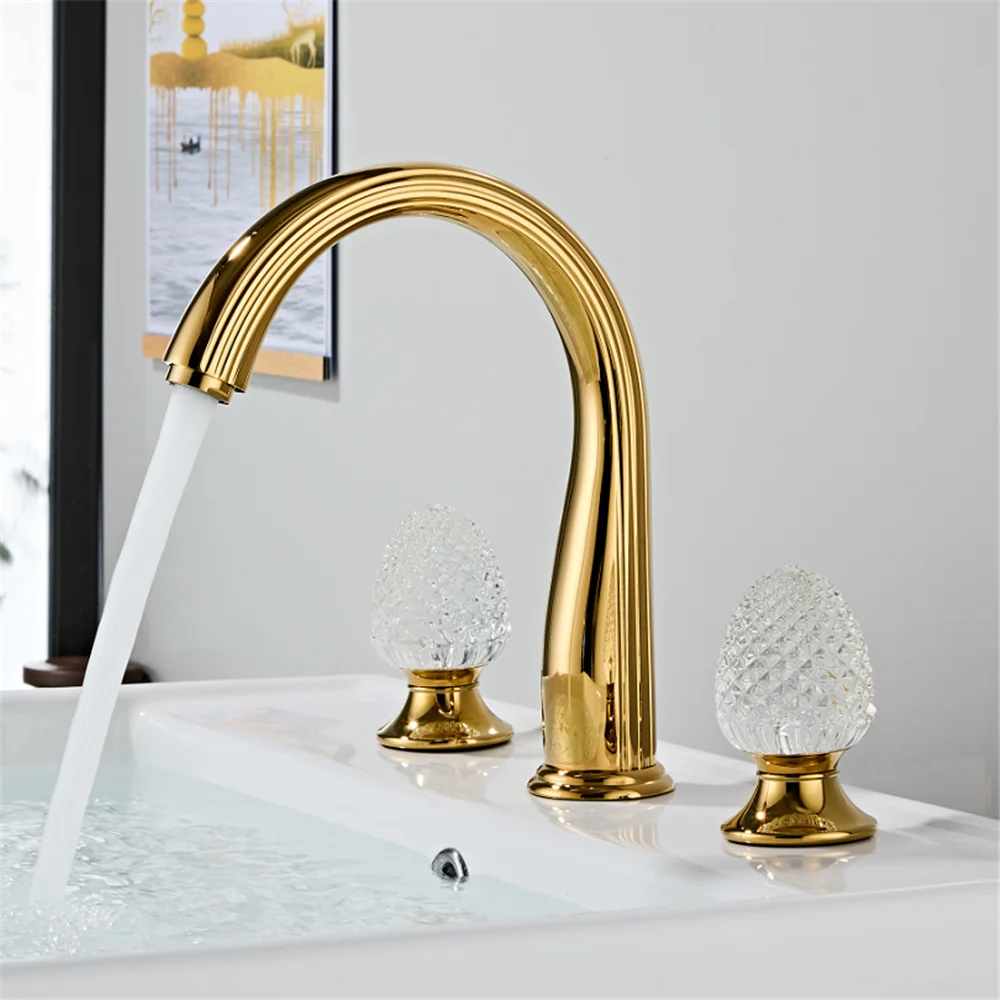 

Gold Bathroom faucet widespread Crystal Handle Basin faucet Lavotory Tap luxury Basin Mixer Hot And Cold shower room sink Faucet