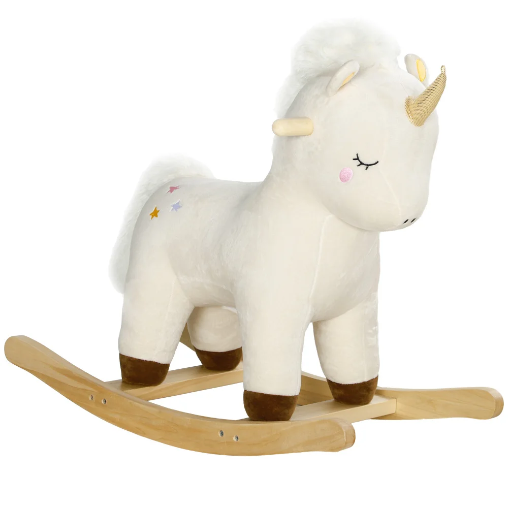 Caballo mecedora, paseo de peluche en unicornio con sonido realista, base de madera, mecedora para niños pequeños de 2 a 4 años, blanco