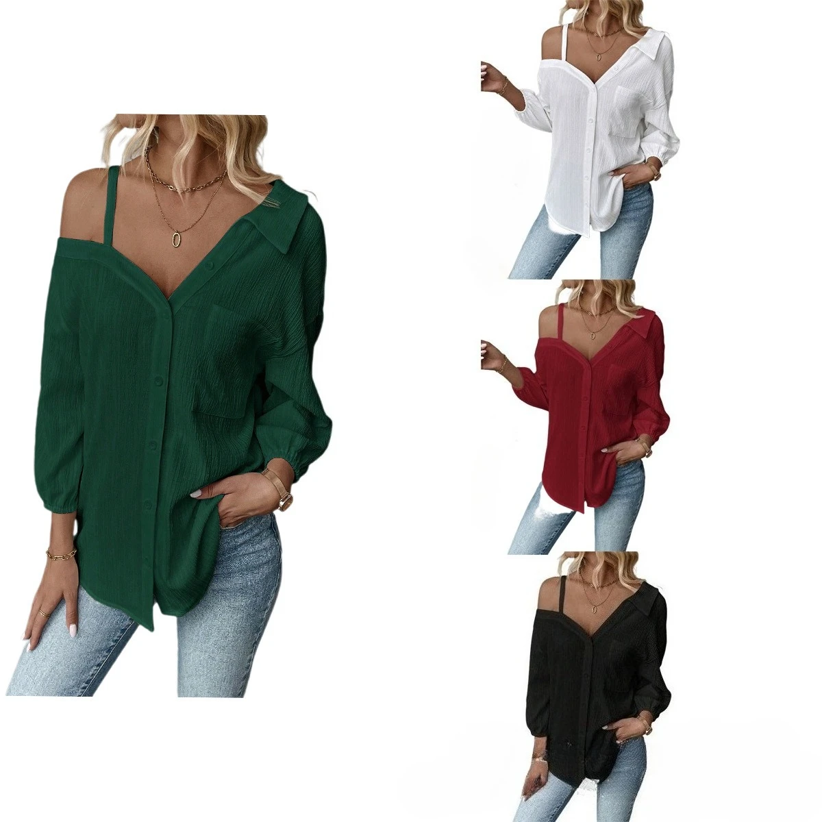 

Y2K women's solid shirt sexy V-neck off-the-shoulder top fashion pocket button summer new simple casual loose long-sleeved top