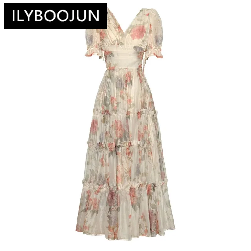 

ILYBOOJUN Summer High Quality New Arrivals Women Dress Bohemian Floral Print Ruched Cascading Ruffle Lace Up Backless Dresses