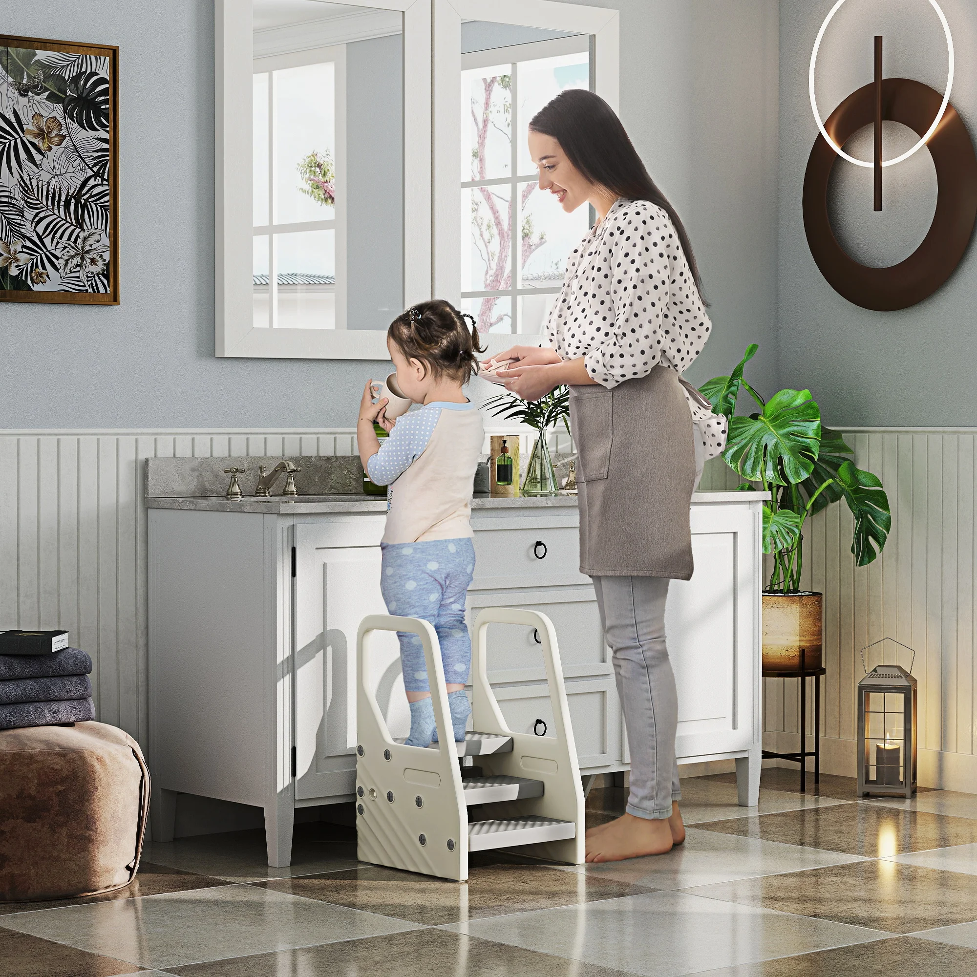 Toddler Step Stool - Adjustable Height with Handle & Non-Slip Foot Pads
