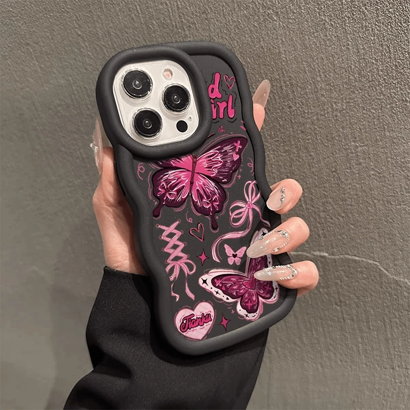 

Colorful Butterfly Girly Wavy Curved Phone Case For iPhone 17 11 13 12 14 15 16 Pro Max XS X XR 16E 17 Air 7 8 Plus Bumper Cover