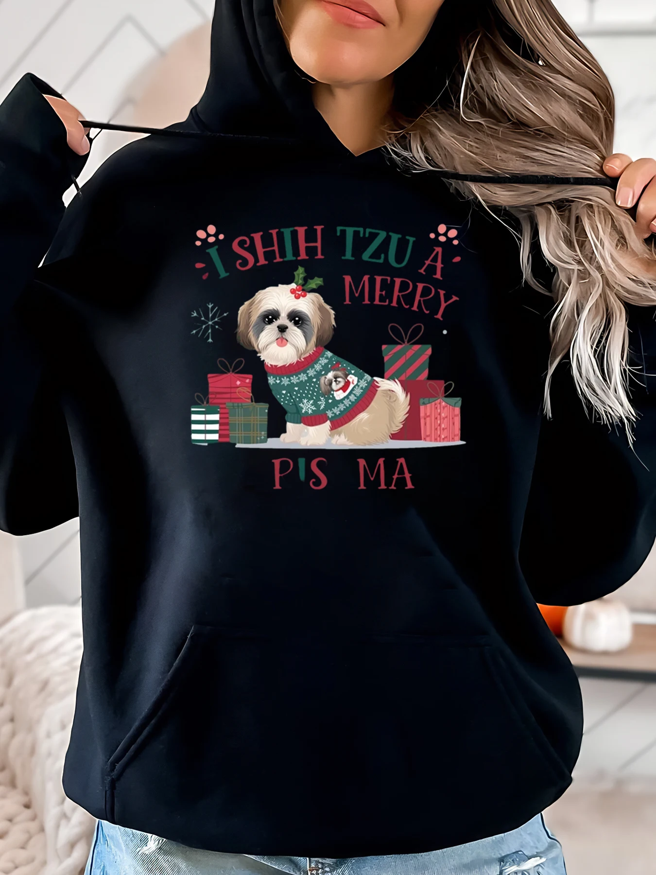 Shih Tzu a Merry Paws Ma Weihnachtsdruck-Hoodie für Damen, lässig, Urlaubskleidung, Schwarz, Übergröße