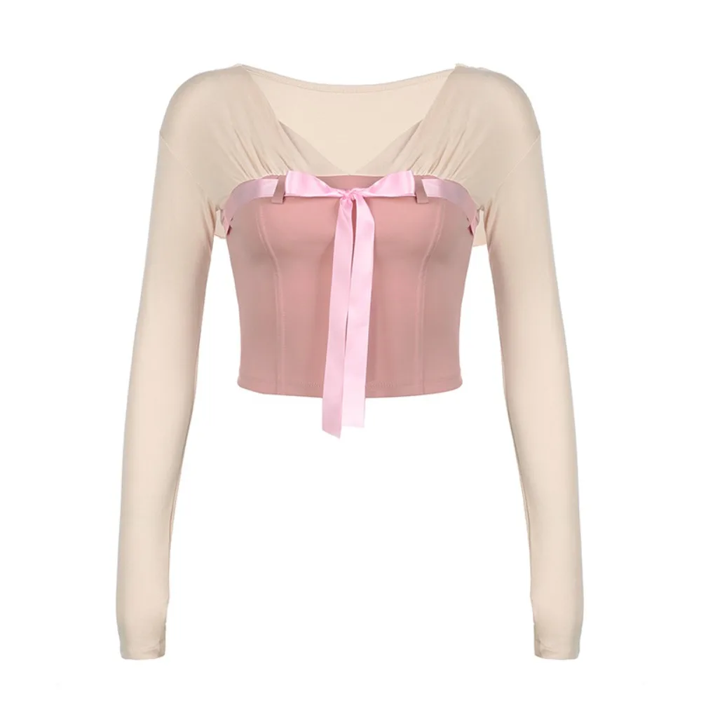 

Elegant Tight Long Sleeve T Shirt Lace-up Chic Sweet Bowknot Crop Top Y2K Patchwork V Neck Shirt Top Spring Autumn