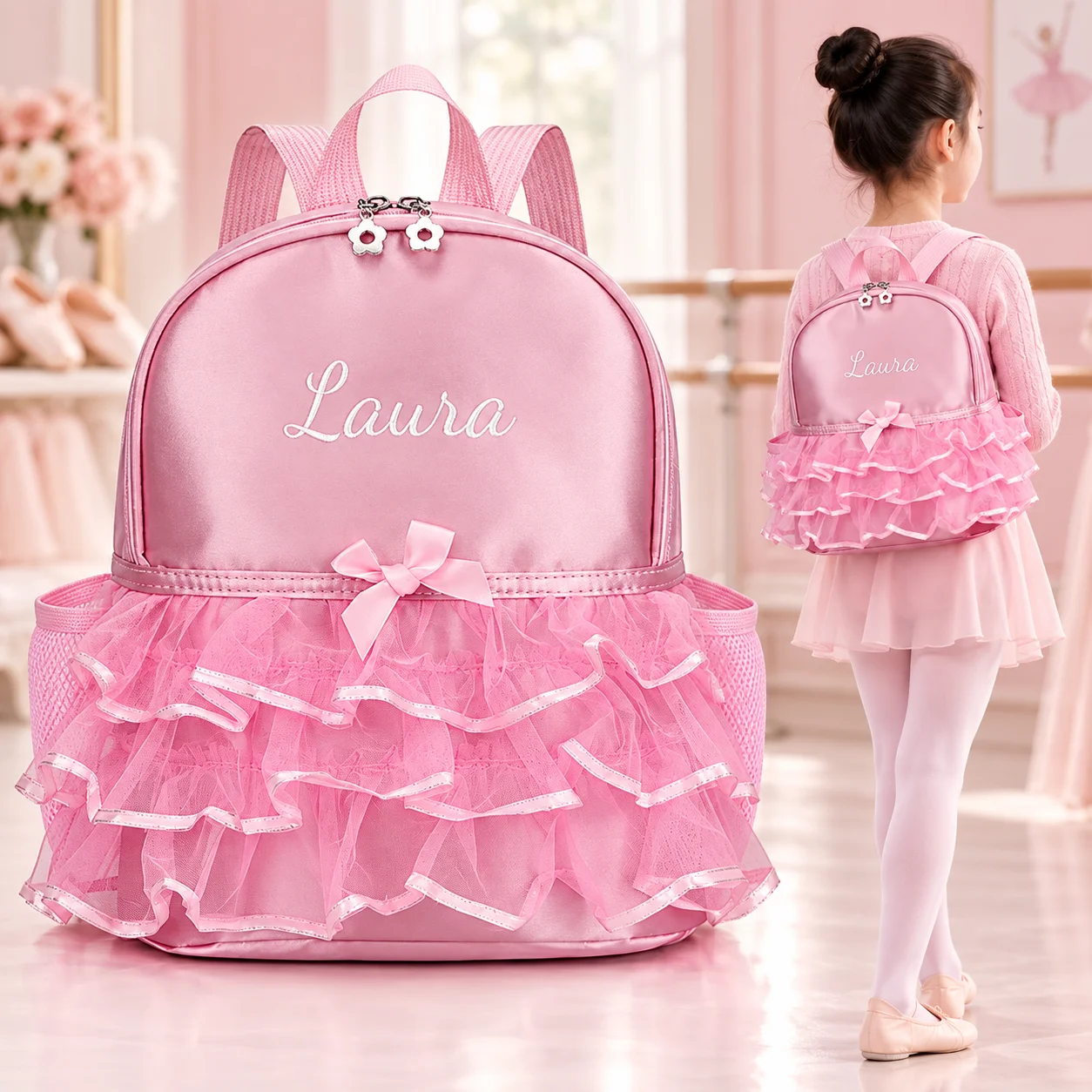 Rosa Rucksack mit besticktem Namen und Schleife, süßer mehrschichtiger Prinzessinnen-Rüschen-Tüll-Rucksack, perfekt als Geburtstags- und Weihnachtsgeschenk – Detail 8