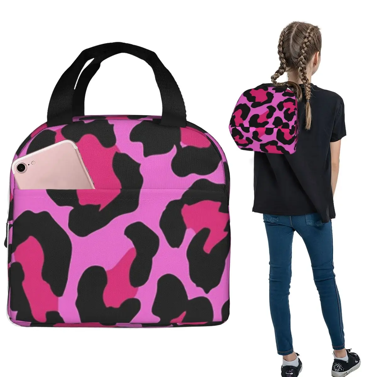 

Pink Leopard Print Camouflage Insulated Lunch Bag for Women Children Leakproof Food Boxes Thermal Lunch Box Tote