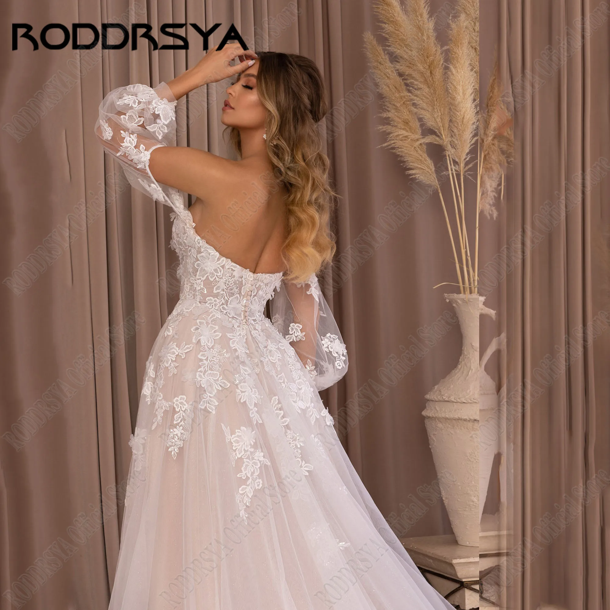 RODDRSYA Customized Sparkling Beach Wedding Dress Puff Sleeves Sweetheart Side Split Bride Gowns Applique Lace Wedding Gowns