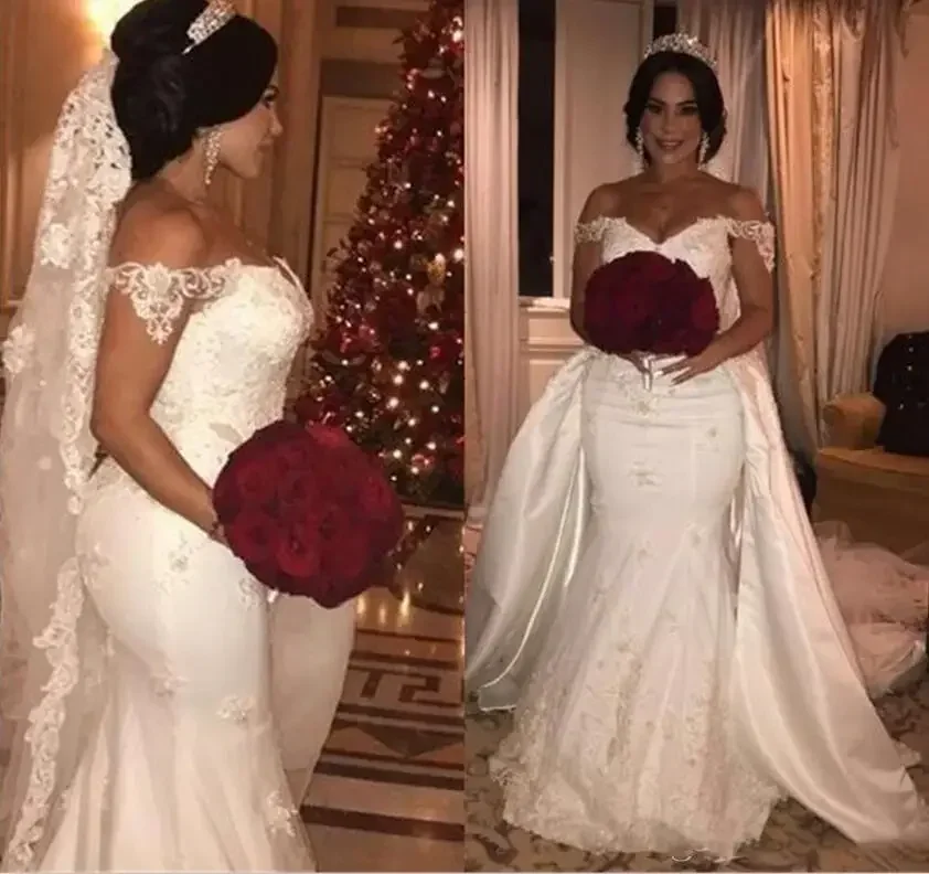 

Customized Plus Size Mermaid Wedding Dresses Detachable Train Off Shoulder Lace Floral African Garden Bride Reception Gown
