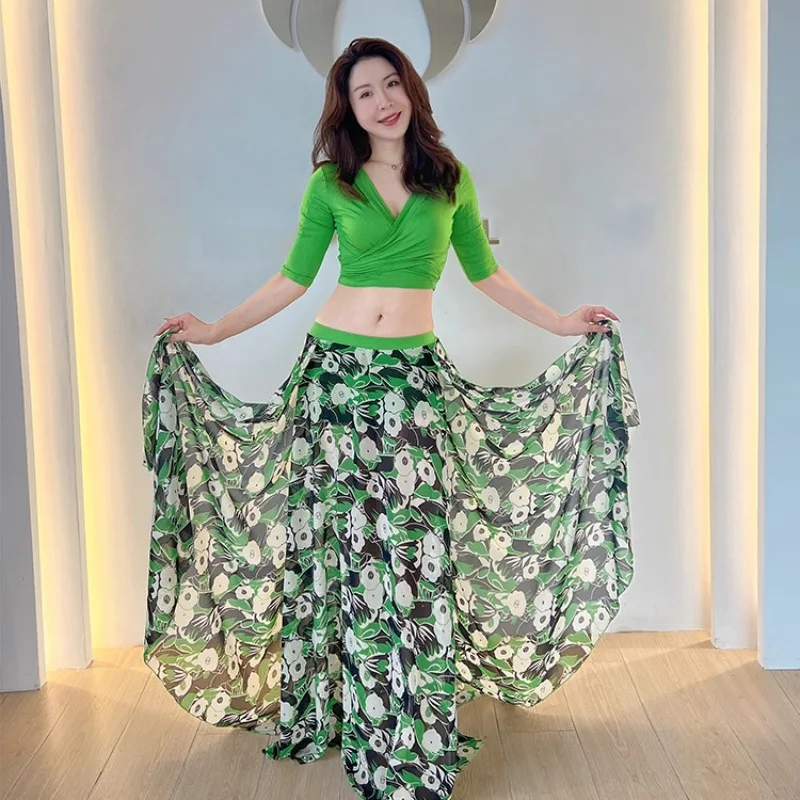 Customized SWEGAL Belly Dance Practice Dress Set Series Tie Top Green Printed Chiffon Big Swing Skirt Oriental Dance Large Size