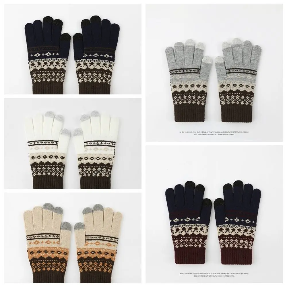 Weiche, dicke Strickhandschuhe, Fahrhandschuhe, Samt, Ethno-Stil, Touchscreen, einfarbig, Jacquard-Handschuhe für Damen