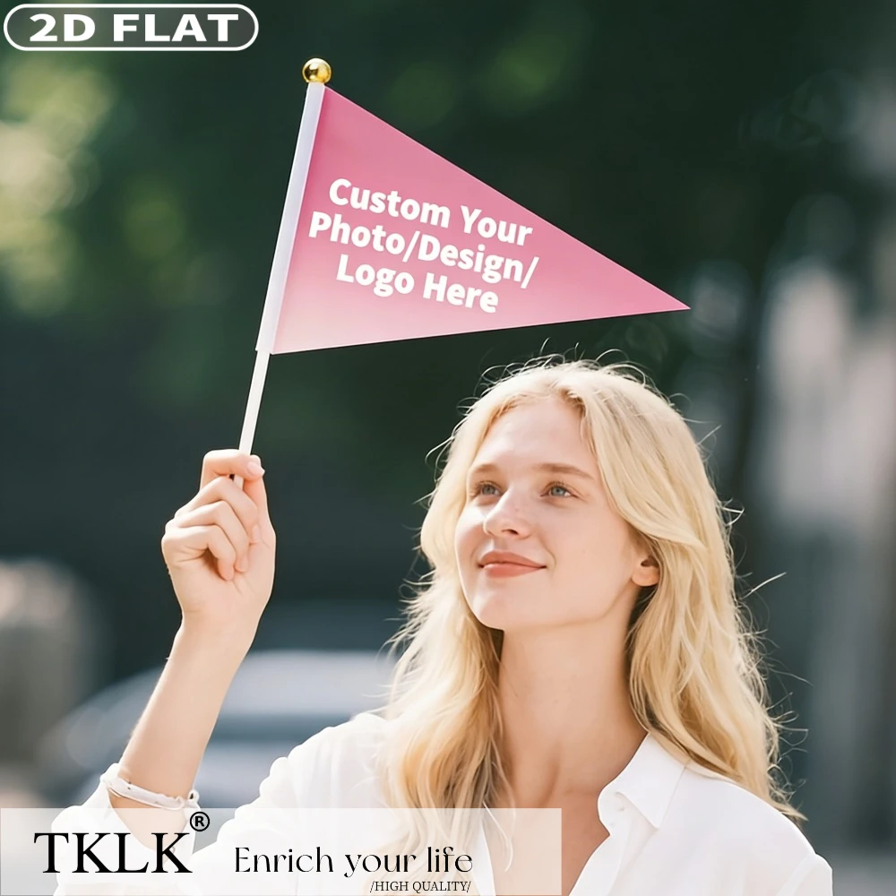 2D FLAT 1pc Custom Triangle Hand Flags with Plastic Poles, Personalized Outdoor Flags & Background Banners, Suitable for Yard