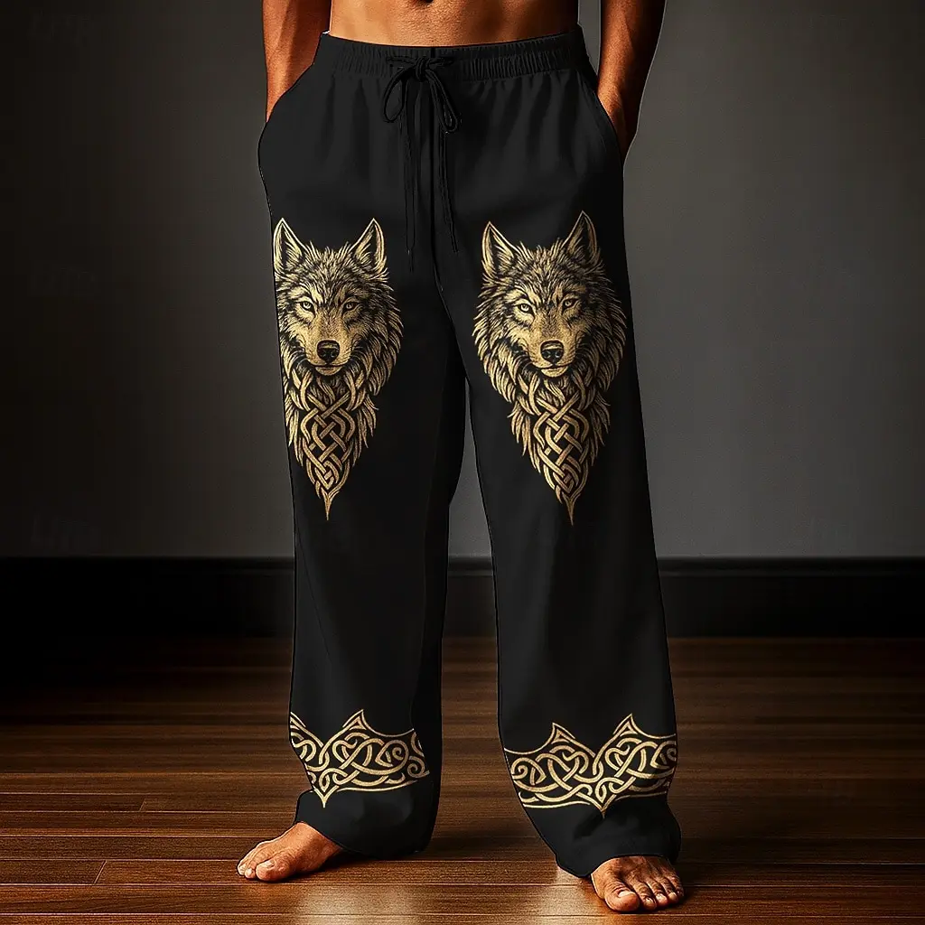 Men's Straight Pants Loose Fit 3d Wolf Print Casual Wide Leg Style Polyester Suitable For Teenagers And Adults