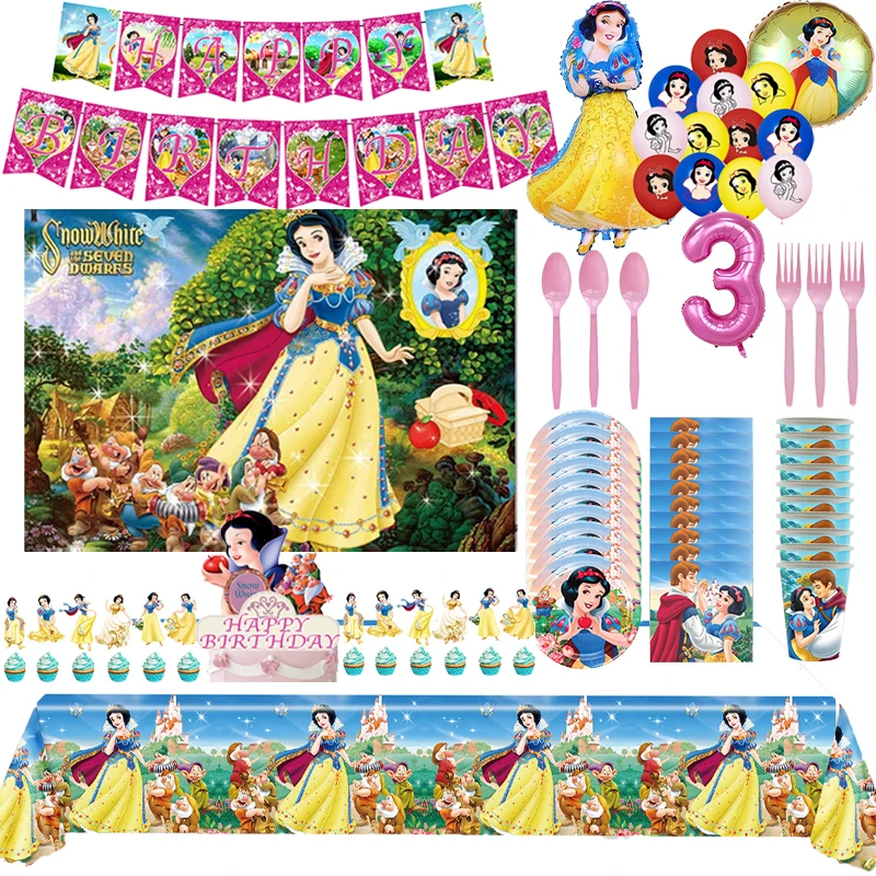 Girl's Snow White Birthday Party Decoration Balloon Banner Cake Topper Tableware Party Supplies Baby Shower