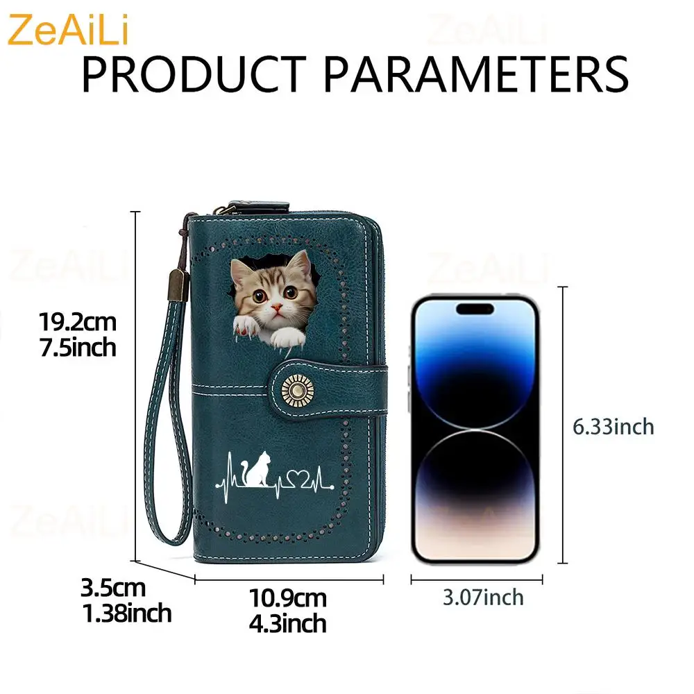 2D Cute Cat Heart-Shaped Print Wallet for Women RFID Large Capacity Long Wallet Multi-card Purse with Wrist Strap Gift