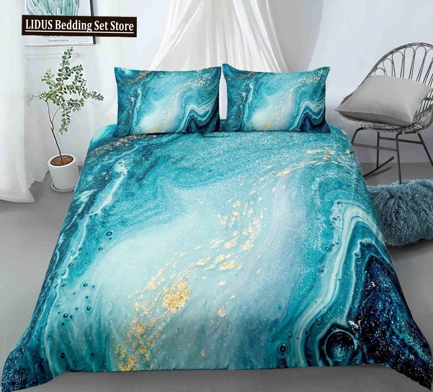 

Chic Marble Duvet Cover Microfiber Mint Gold Glitter Turquoise Bedding Set Abstract Aqua Blue Quilt Cover Single Twin Full Size