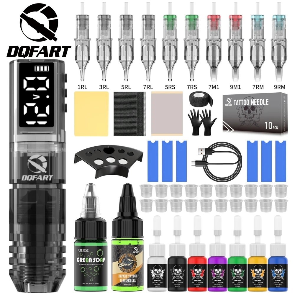 DQFART P1 Set Electric Wireless Tattoo Machine Led Digltal Display Body Art Creative Designs Tattoo Needles Ink Safe Body Art