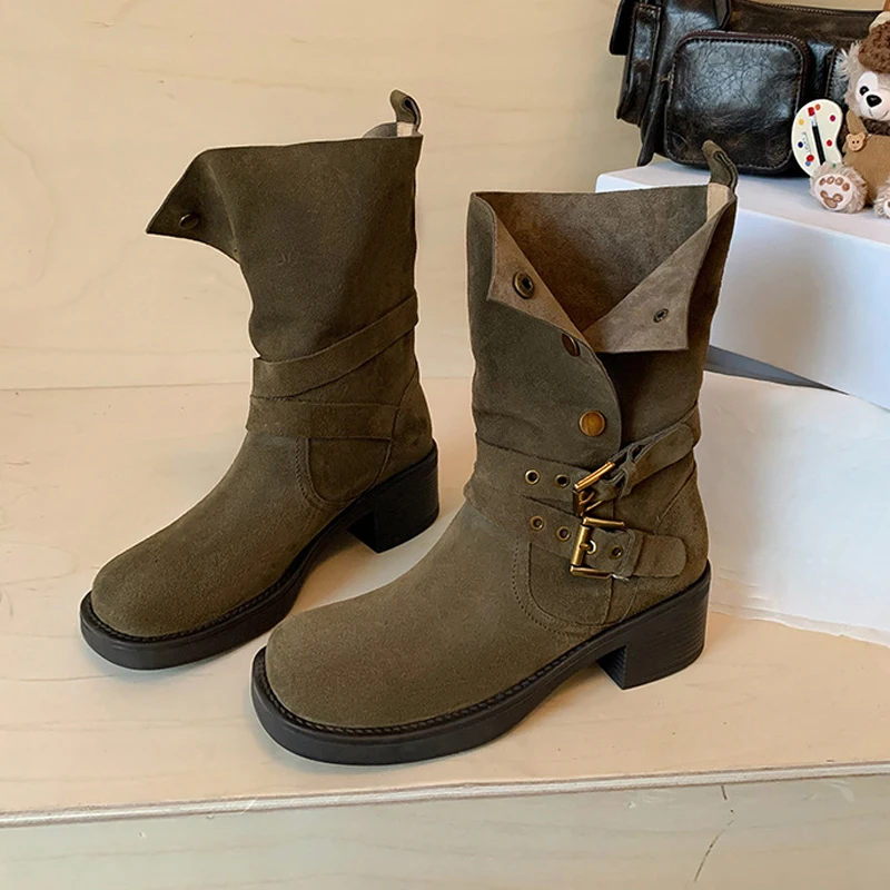 

Winter New Suede Leather Chunky Heel Women's Mid Calf Boots Round Toe Belt Buckle Middle Heel Knight Boots Handsome Girl's Boots