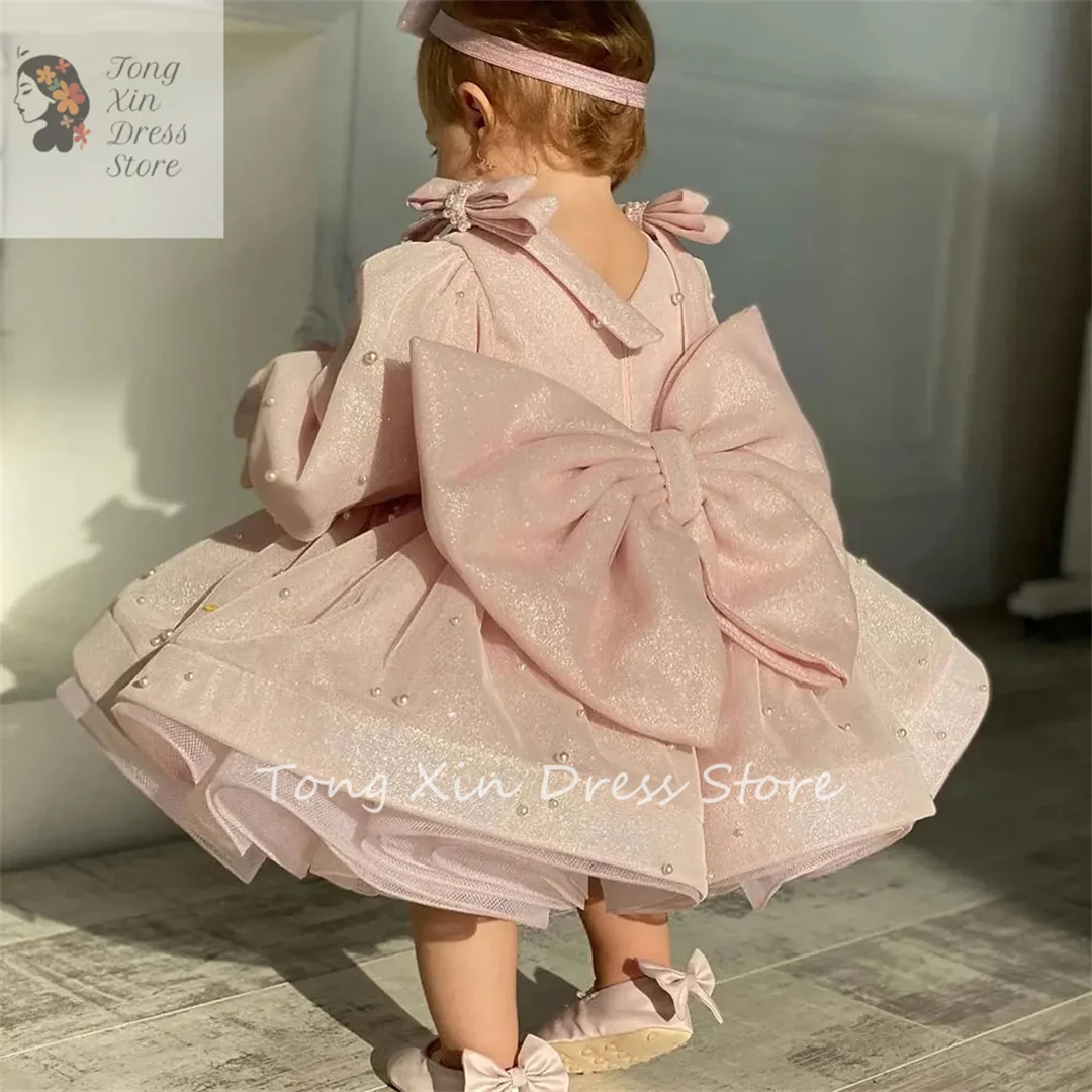 Flower Girl Dress For Wedding Pearls Full Sleeves Bow Puffy Baby Kids Birthday First Communion Party Gown 2024 New