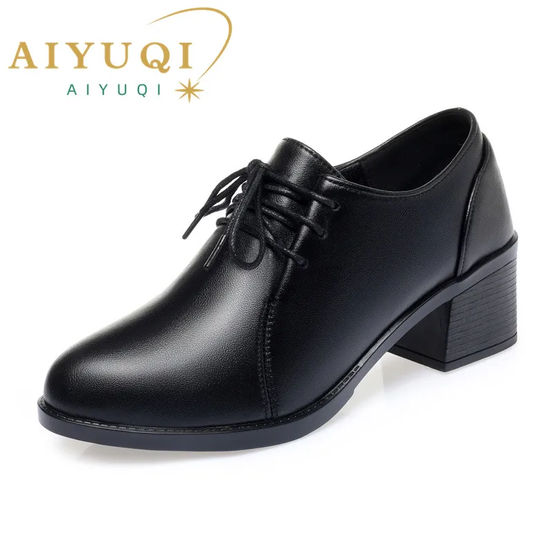 

AIYUQI Women Shoes Spring New Relly Leather Women Shoes Large Size Non-slip Thick Heel Soft Bottom Lace-up Single Ladies shoes