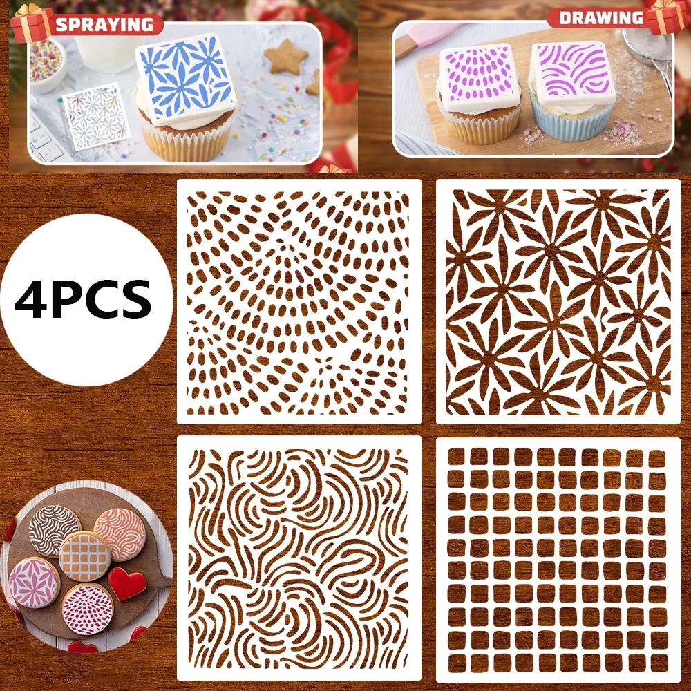 Cake Cookie Stencils 4Pcs 12x12cm, Fan Flower Square Patterns, Food Grade PET Templates for Baking & Journal Decor