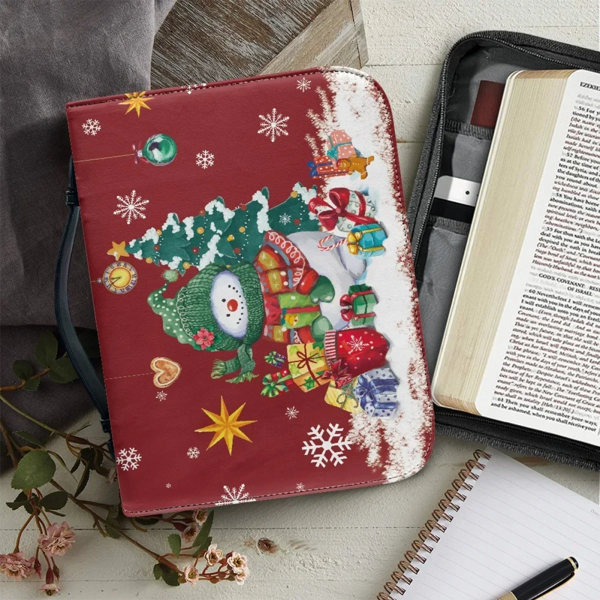 

Christmas Snowman Gifts Happy Pattern Bible Cover Case Women's Bible Storage Bag Pu Leather Zippered Handbag for Christmas Gifts