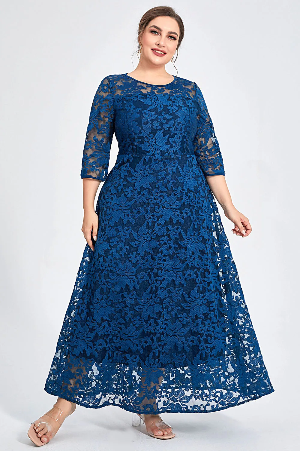 

Flycurvy Plus Size Formal Blue Flocking Double Layer Tunic Maxi Dress