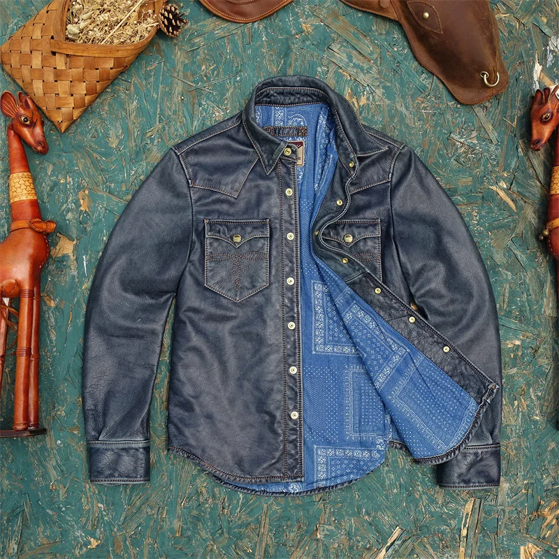 Blue Spring Leather Shirt Men Vintage Style Plus Size 4XL Genuine Natural Cowhide Single Breasted Leather Jacket