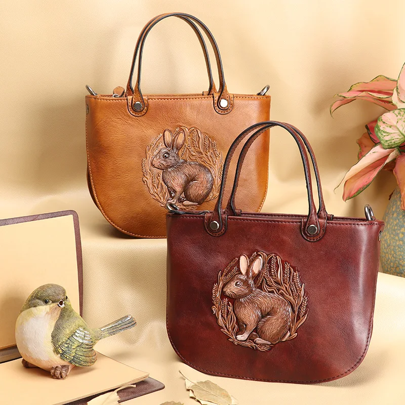 Retro cowhide Leather Women handbags female embossed rabbit shoulder messenger bag ladies small portable tote bags 2020 new