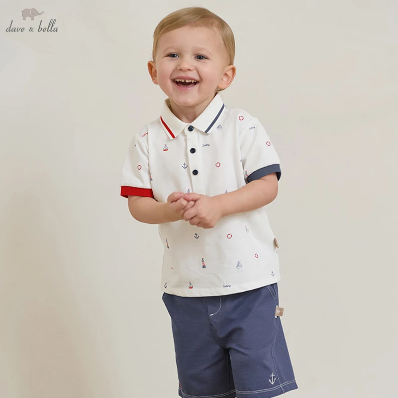 Dave Bella Short Sleeve Polo T-shirt Shorts Set for Boys Summer Two-piece Suits Children Cotton T-shirt Casual Shorts DB2251400