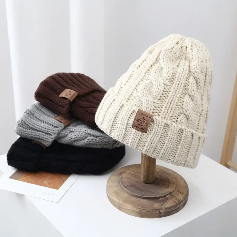 New Winter Twist Knitting Hat For Women Fur Pompom Thick Plush Cap Beanie Solid Color Ladies Warm Ski Snow Skullies Beanies