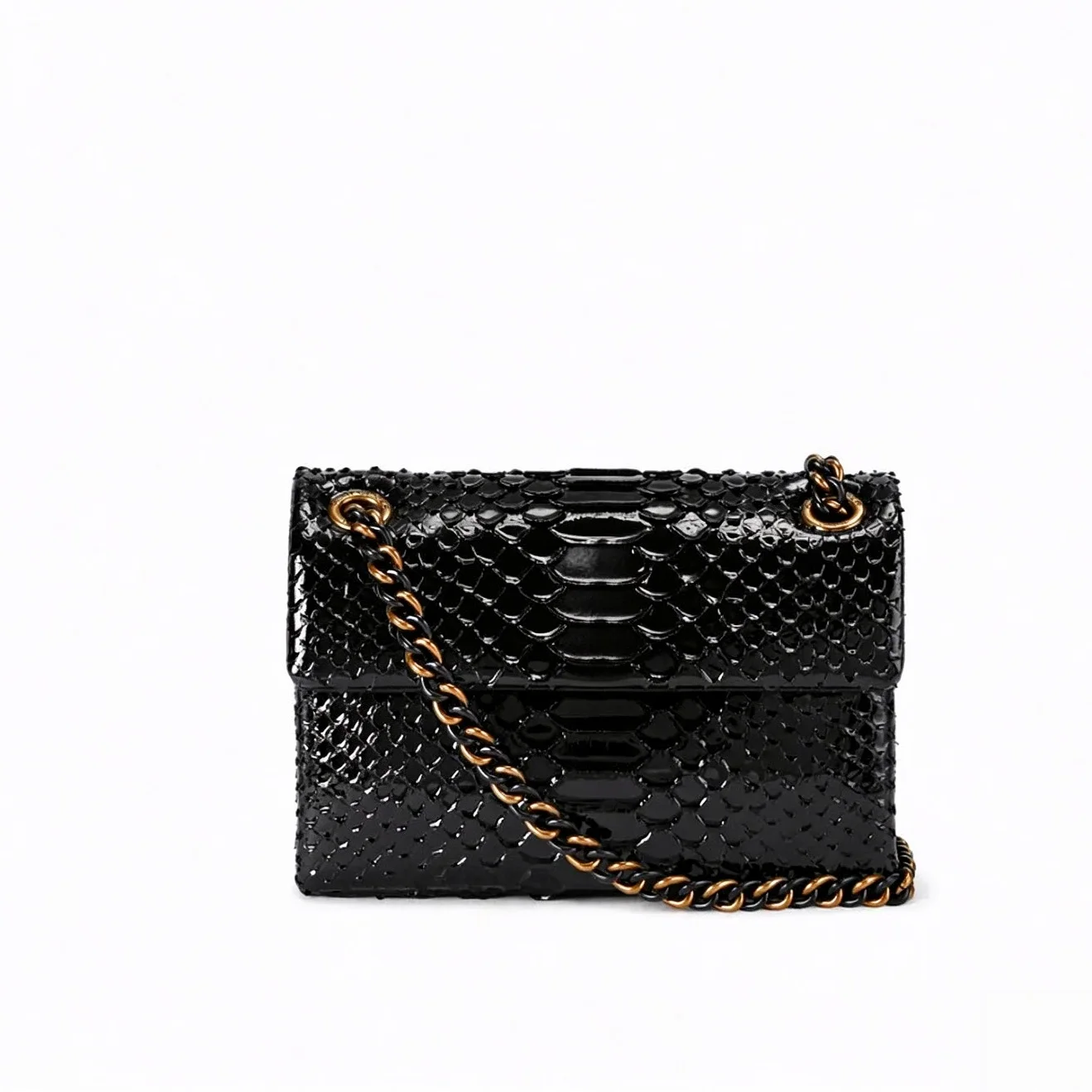 Glossy Snake Print Women Shoulder Bag Flap Square Handbag Two-tone Chain Crossbody Purse Elegant Evening Party