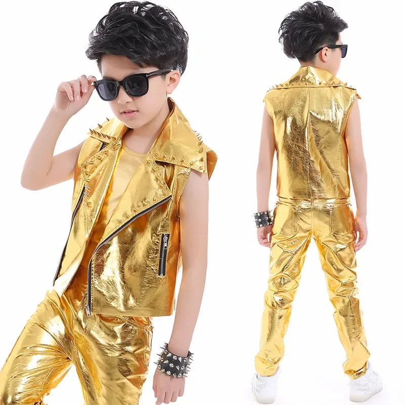 Kinder Jazz Jungen Bühne Gold Kostüm Niet Jacke Weste Hosen Street Dance Outfit Hiphop Moderne Laufsteg Sänger Kleidung DNV14069