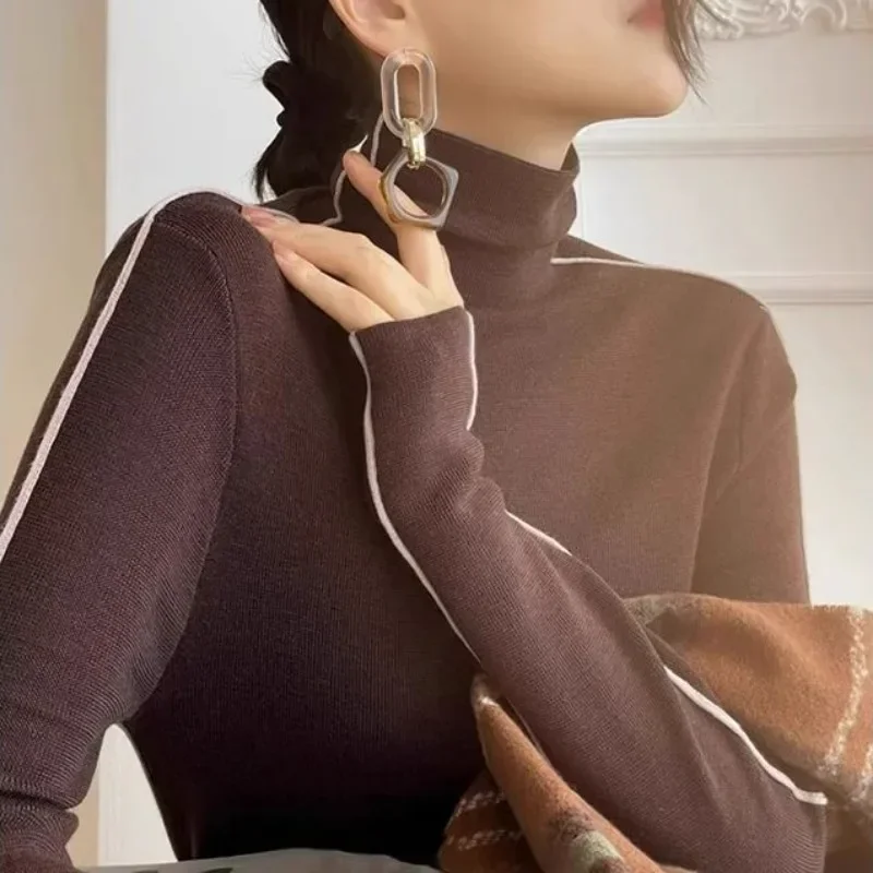 New Slim Fit Turtleneck Knitted Pullovers Women Autumn Winter Fashion Long Sleeved Top Elegant Office Lady Black White Sweaters