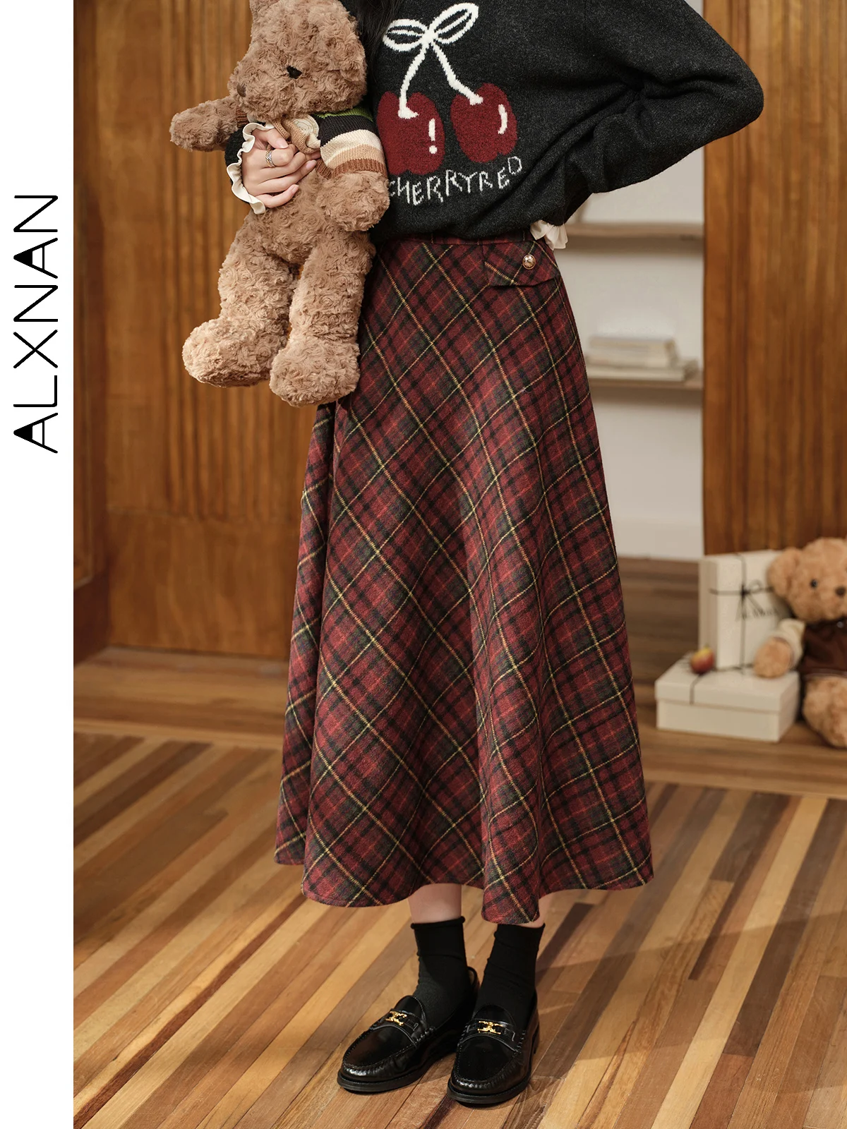 ALXNAN Women's Vintage Red Plaid Skirts 2024 Fall Winter Trendy Basics Slimming A-line Lady Midi Skirt Sold Separately L50105BSQ