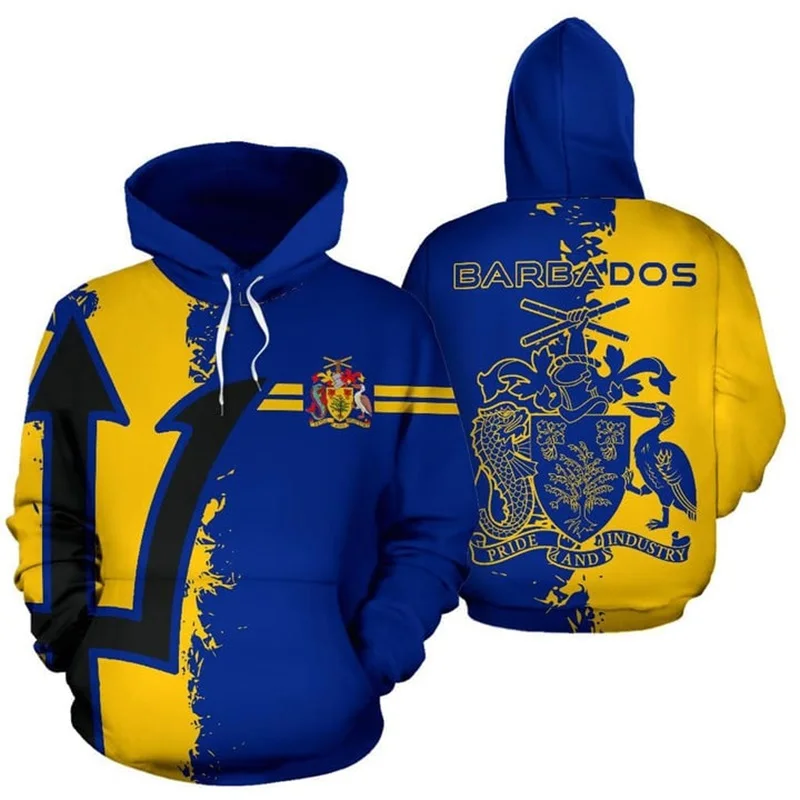 Full Print Barbados Flag National Emblem Pattern Hoodie für Männer Frauen Neu in Langarm Pullover Sweatshirt Herren Sport Hoody