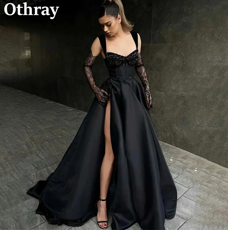 Suknie wieczorowe Othray z czarnego satyny, koronkowe, zdobione koralikami, seksowne, z wysokim rozcięciem, długie suknie balowe, suknia na Met Gala, Vestido De Noche