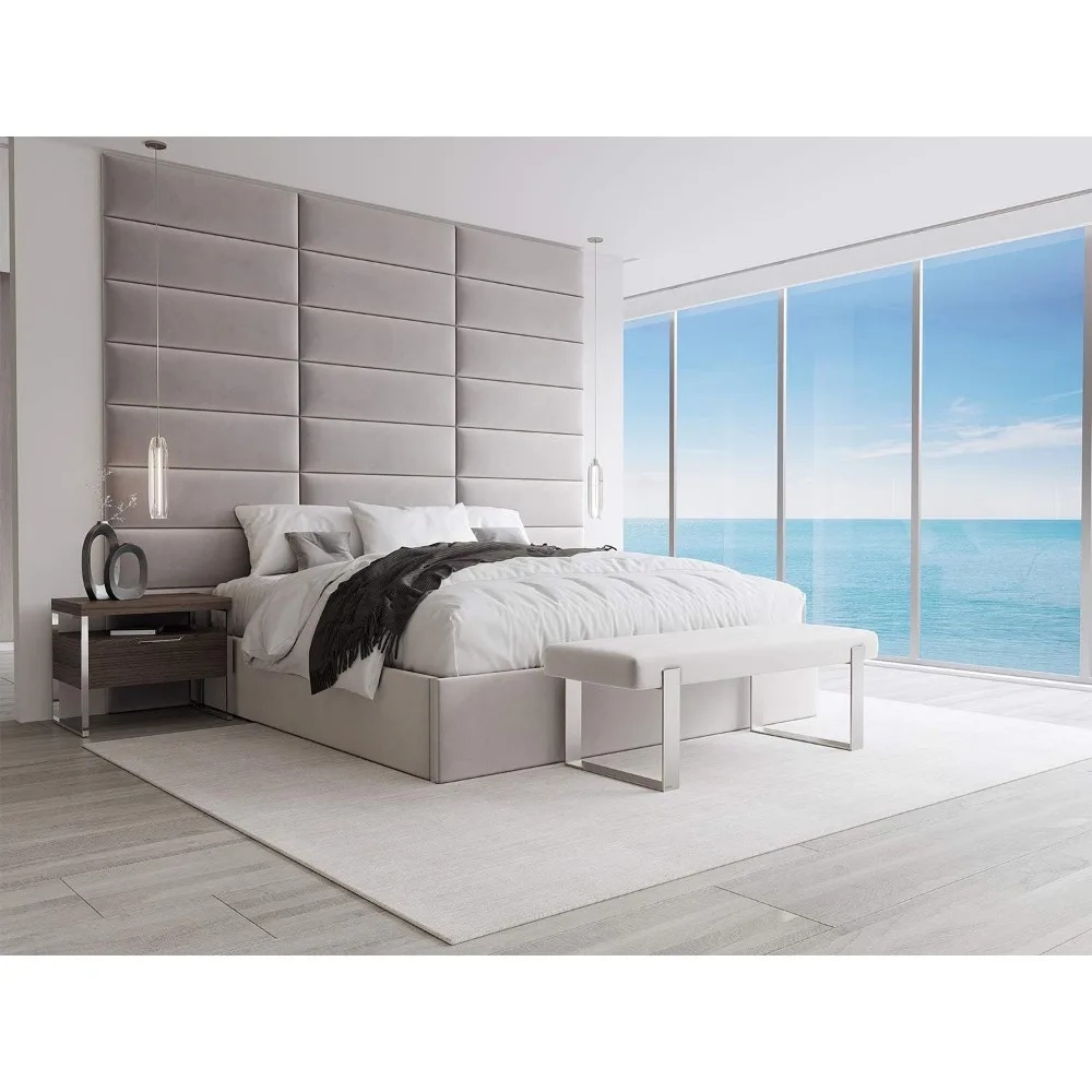 ม้านั่งเตียงหุ้มเบาะ - กำมะหยี่สีเทาแพลตตินัม - นิกเกิลขัดเงา - โมเดิร์นร่วมสมัย, ม้านั่งในห้องนอน, ห้องโถง