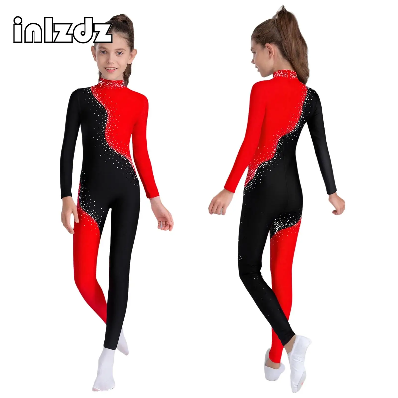 

Girls Shiny Rhinestones Gymnastics Jumpsuit Figure Skating Bodysuit Mock Neck Long Sleeve Full Body Leotard Ballerina Dancewear