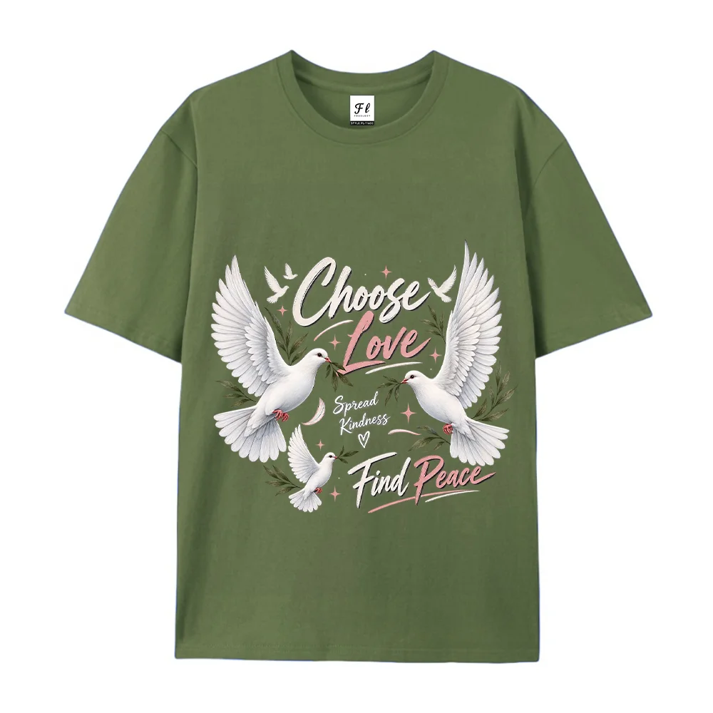 Women Choose Love Peace Dove T Shirt Vintage Graphic Tees Olive Green Aesthetic Cottagecore Loose Cotton Short Sleeve Tops