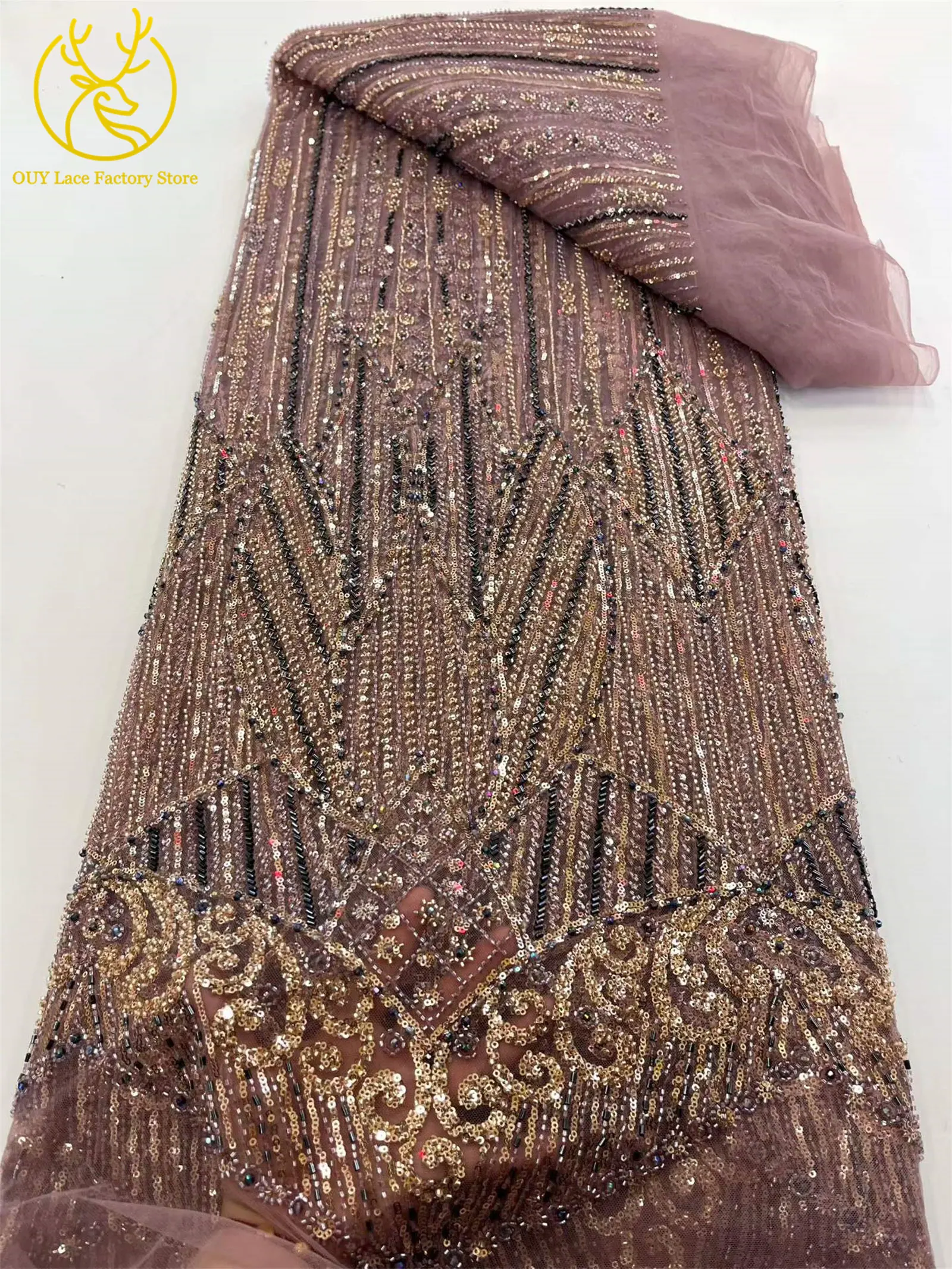 Hochwertiger, luxuriöser nigerianischer Perlen-Pailletten-Spitzenstoff im neuen Stil, weinroter afrikanischer Spitzenstoff, französische Spitze für Damen-Partykleider – Detail 12