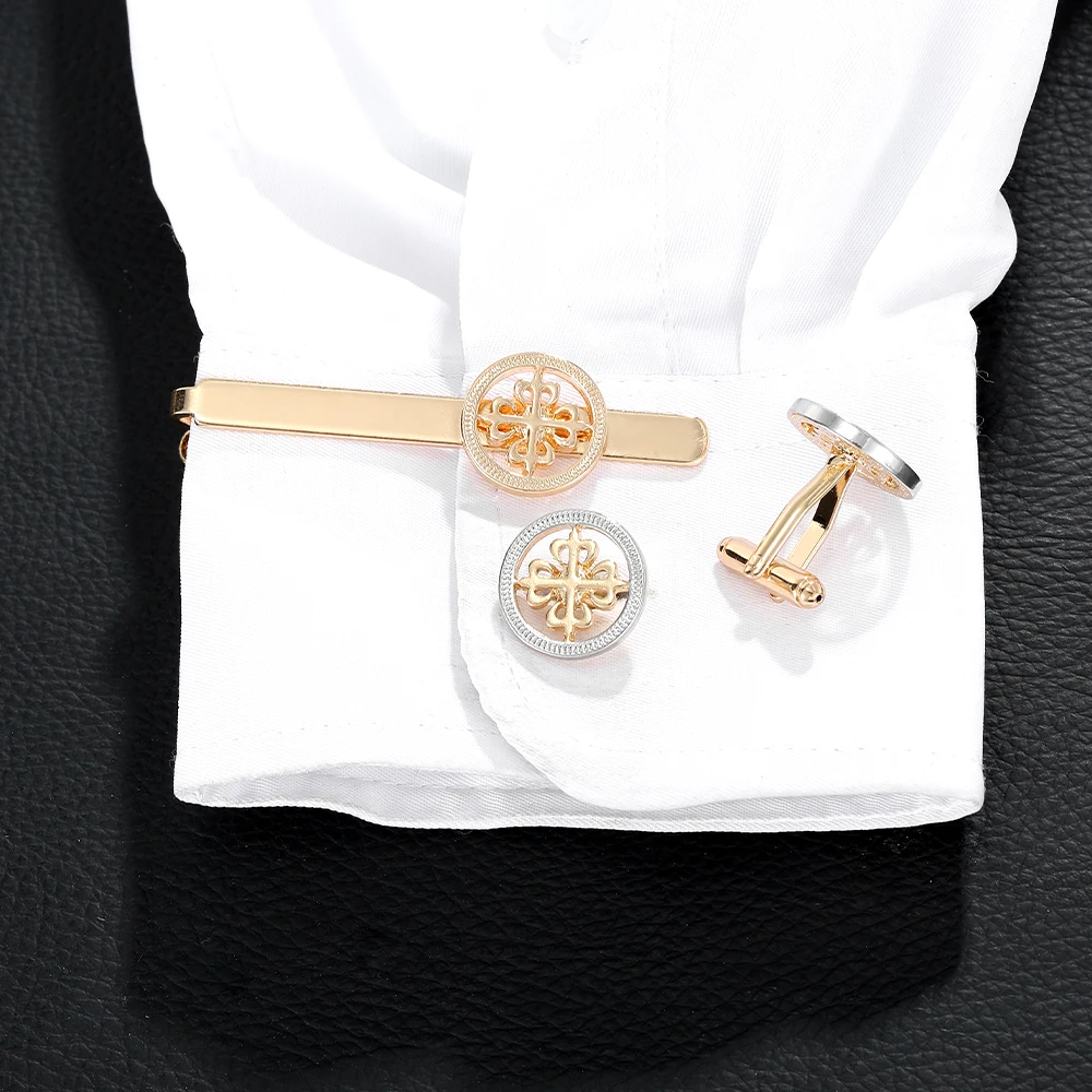 Funny 2 Tones Hollow Out Flower Design Round Cufflinks&Tie Clip Set Golden Mens Formal Party Jewelry Accessories