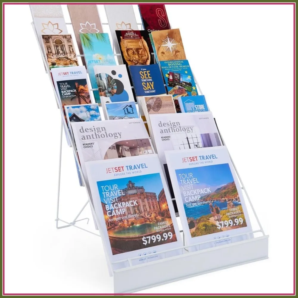 

Wire Magazine Rack with 6 Open Tiers, Holds Magazines and Brochures, Front Sign Channel - White