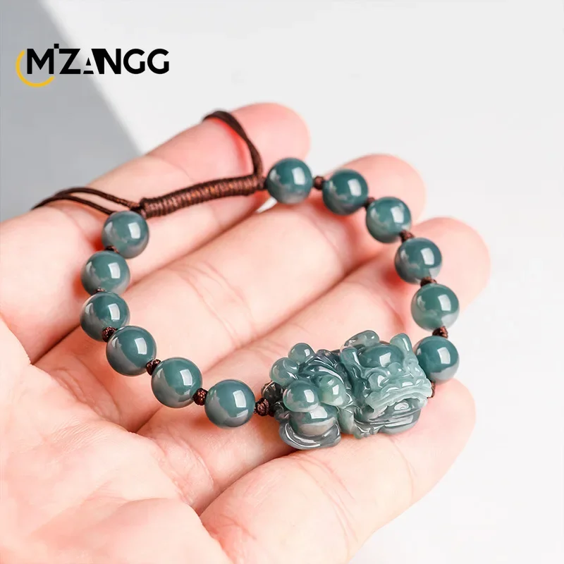 High-grade Natural Myanmar Jadeite Blue Water PiXiu Bracelet Hand-woven Hand Rope Lucky Charms Luxury Jewelry for Men and Women