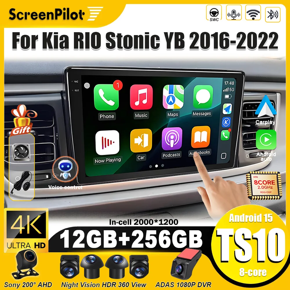 Radio Estéreo para Auto con Android 16 para Kia RIO Stonic YB 2016 2017 2018 2019-2022, Unidad Principal con Carplay Inalámbrico, Android Auto, DSP, Wifi, 4G