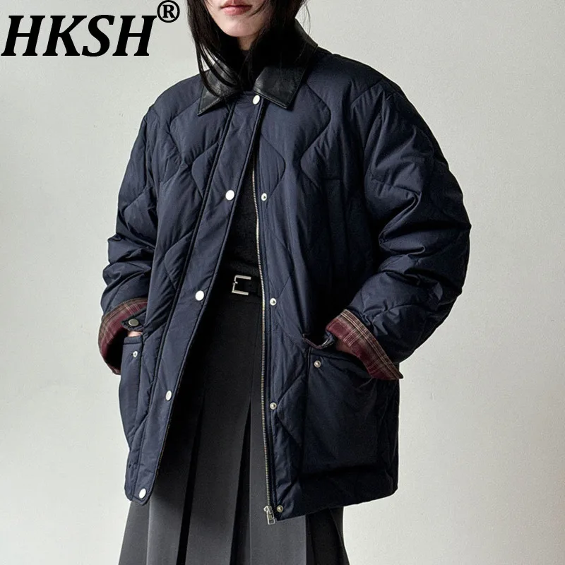 

HKSH осень-зима новое женское пуховое пальто с ромбовидным узором и отложным воротником и карманами однобортная элегантная теплая куртка-пуховик HK17529